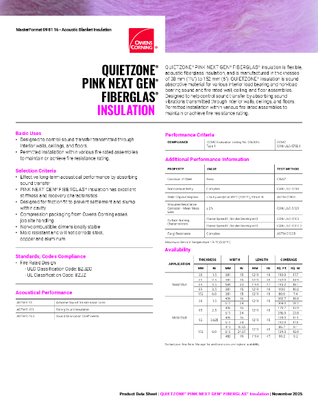 Pink Next Gen QuietZone Acoustic Insulation Data Sheet