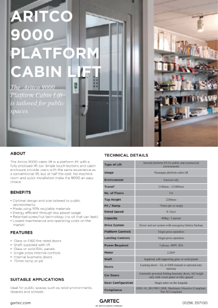 Gartec Aritco 9000 Platform Cabin Lift – Product Data Sheet