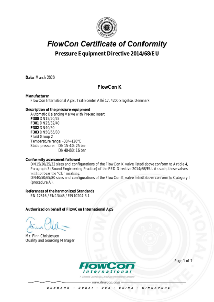 FlowCon K ABV PED Certificate