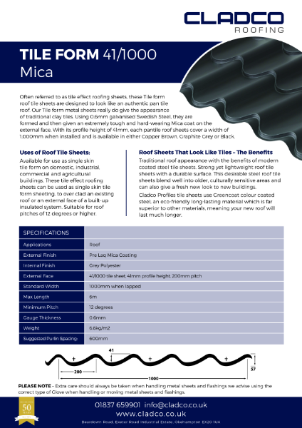Cladco 41/1000 Tileform Steel Roofing Data Sheet