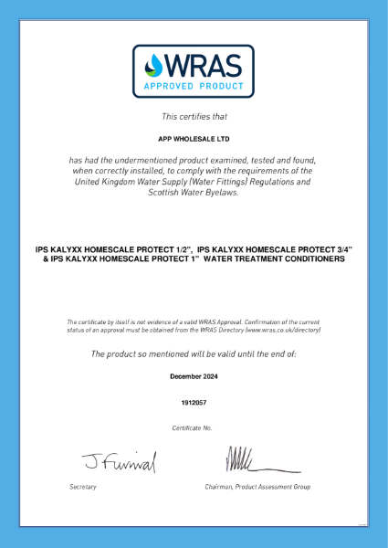 WRAS Approved For HOMESCALE PROTECT 1/2", HOMESCALE PROTECT 3/4" & HOMESCALE PROTECT 1" Water Treatment Conditioners