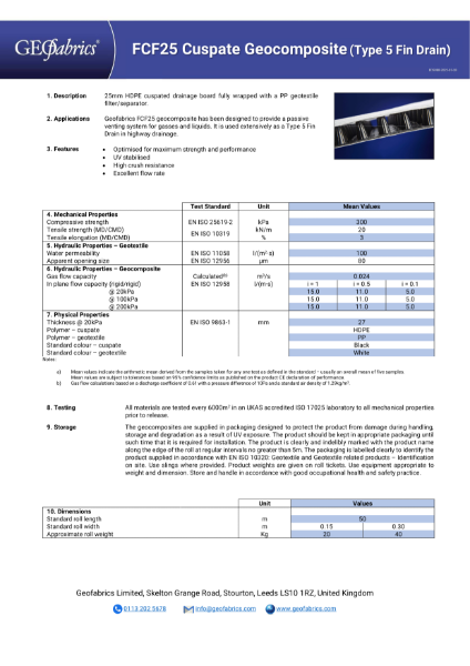 FCF25 Cuspate Geocomposite (Type 5 Fin Drain) Product Data