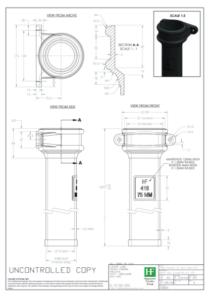 75mm (3") Eared LCC Soil Pipe Drawing