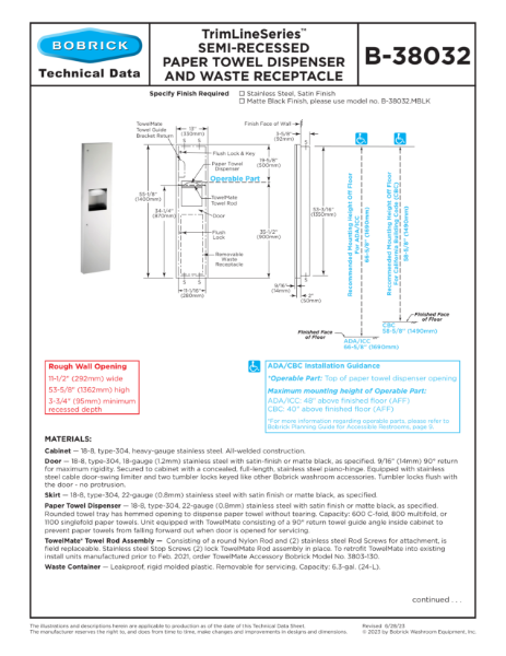 TrimLineSeries™ Semi-Recessed Paper Towel Dispenser and Waste Receptacle - B-38032