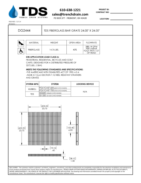 TDS Fiberglass Bar Grate 24.00" x 24.00" - DG2444