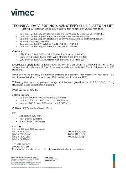 A28 Steppy Plus Platform Lift - Technical Data