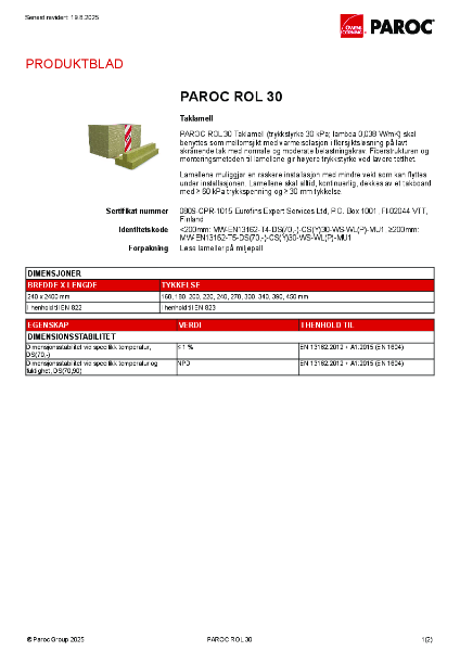 Datablad - PAROC ROL 30 | Paroc AS | Lattira Source