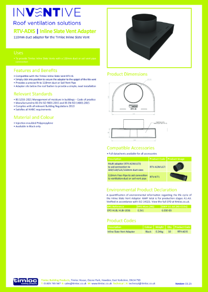Inline Slate Vent Adapter Datasheet