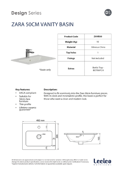 Zara 50 cm Vanity Washbasin