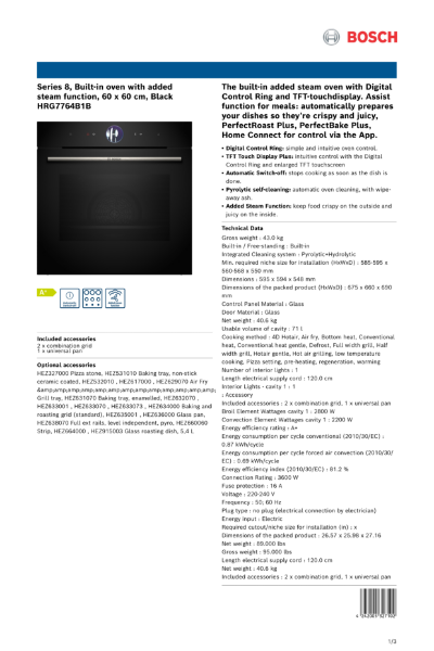 Series 8, Built-in oven with added
steam function, 60 x 60 cm, Black
HRG7764B1B