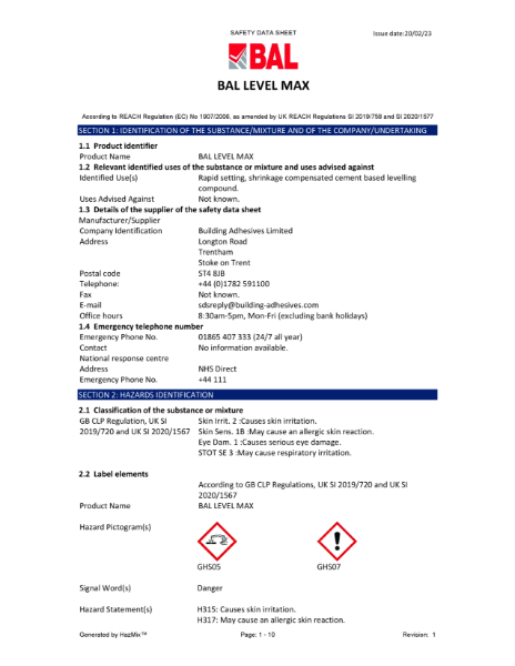 BAL Level Max - Material Safety Datasheet