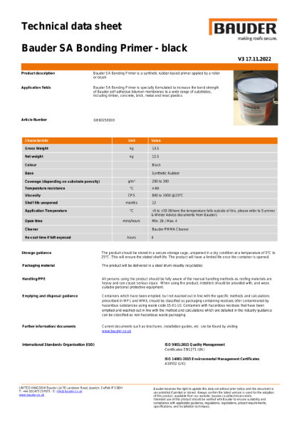 Bauder SA Bonding Primer - Technical Data Sheet