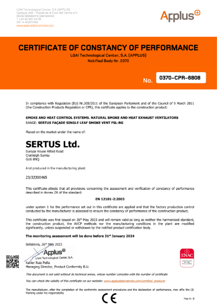 Certificate of Constancy of Performance – Façade Single Leaf (FSL-RG)