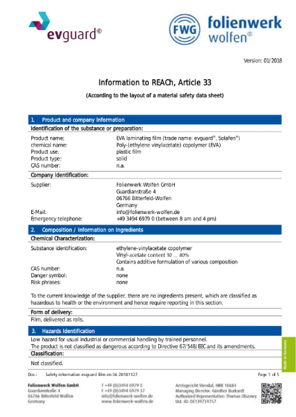 Safety Data Sheet evguard® colorless transparent EVA interlayer for laminated safety, security and architectural glass