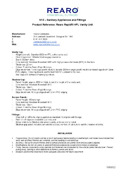 Vanity Units Specification Sheet