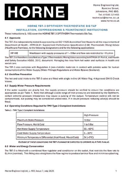 Instructions - Optitherm Thermostatic Clinical Tap