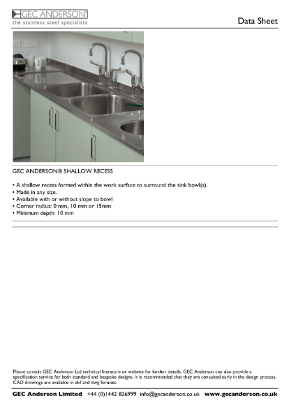 GEC Anderson Data Sheet - Shallow Recess