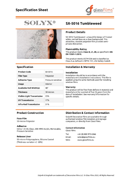 SX-5016 Tumbleweed Specification Sheet