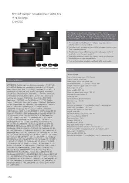 Compact 45cm ovens with Microwave Black trim C29MY7MY0, Datasheet