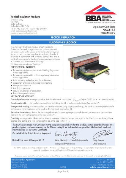 Certificate BBA 95/3113 Eurothane Eurodeck