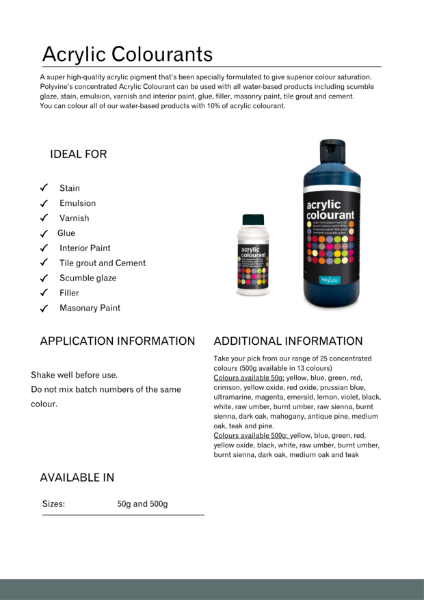 Acrylic Colourants Product Data Sheet