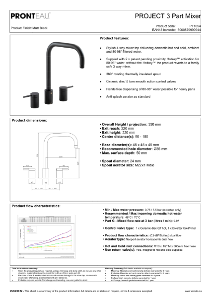 PT1054-2 Pronteau Project 3 Part (Matt Black), 4 IN 1 Steaming Hot Water Tap - Consumer Spec