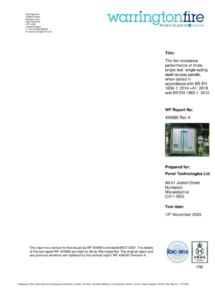 Warrington Fire (FF/120/MD/PF/FL, Wall, 0600x0600) Test