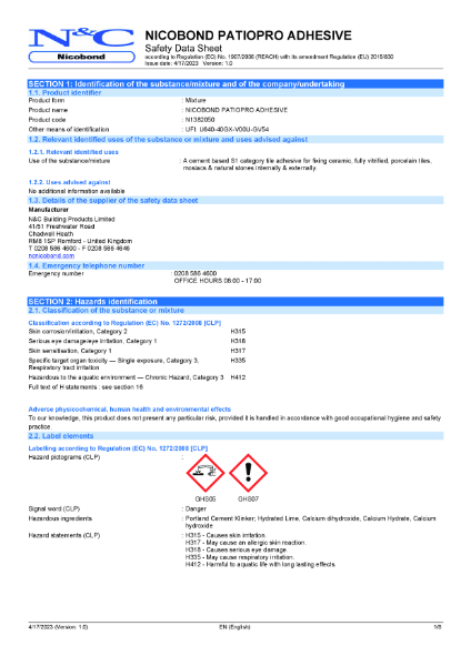 Nicobond PatioPro Adhesive Safety Data Sheet (SDS)