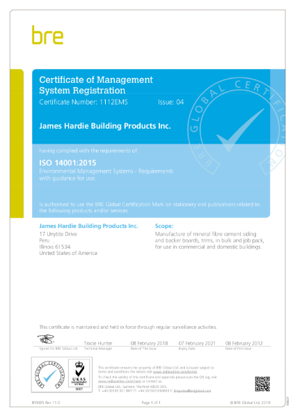 ISO 14001 Certificate James Hardie Peru