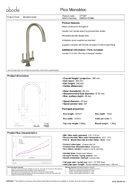 Pico Monobloc (Brushed Nickel) - Consumer Specification