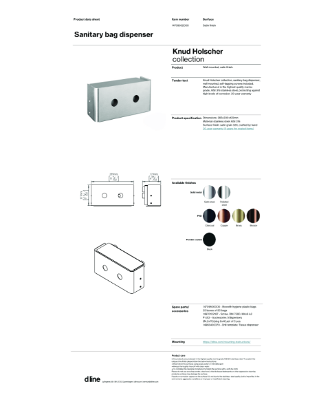 Sanitary bag dispenser (data sheet)