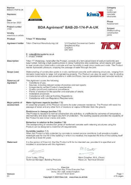 TT Waterstop BDA Certificate