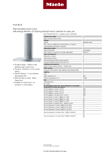 Miele DA PUR 98 W Product Spec Sheer