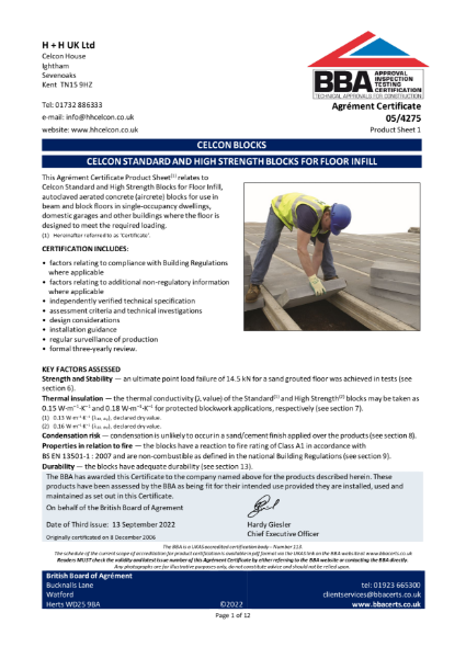 BBA Certificate 05/4275 Celcon Standard Blocks for Floor Infill