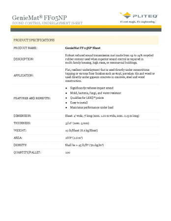PLITEQ - GENIEMAT FF05NP-SHEET-48x84 - Technical Data Sheet