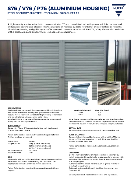 S76 / V76 / P76 Aluminium Security Shutter Datasheet