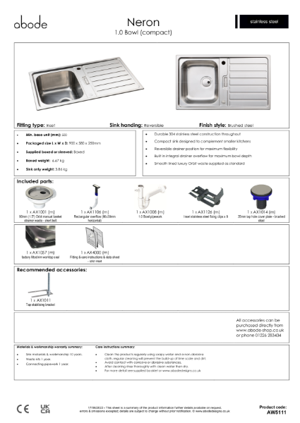 AW5111. Neron Stainless Steel Sink, Single Bowl & Drainer (Compact)  - Consumer Specification