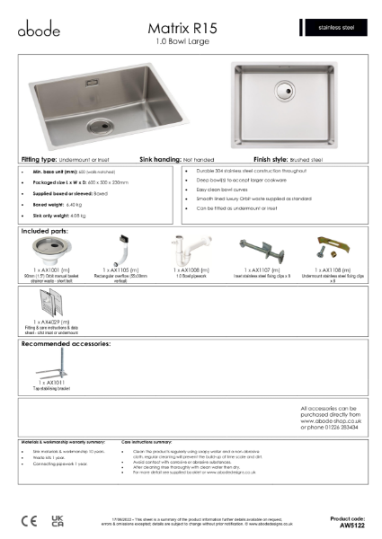 AW5122. Matrix R15 Stainless Steel Sink, Single Bowl Large - Consumer Specification