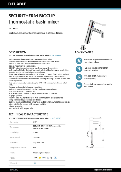 SECURITHERM BIOCLIP thermostatic basin mixer Data Sheet- H9605