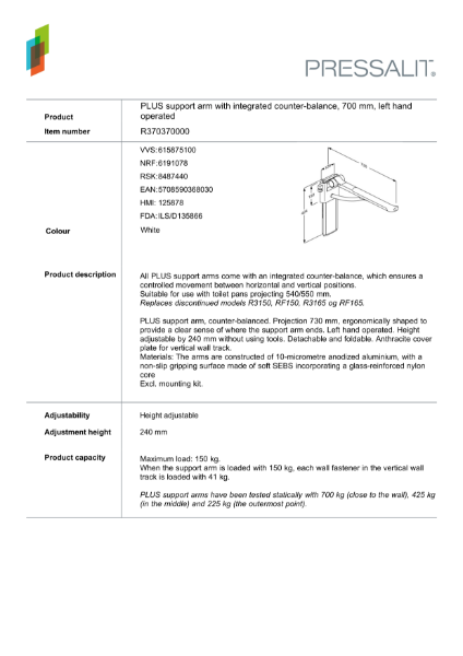 PLUS support arm with integrated counter-balance, 700 mm, left hand
operated Datasheet