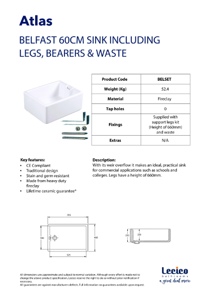 Atlas Belfast Sink with Legs Bearers and Waste Kit