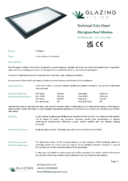 Pitchglaze Roof Window Technical Data Sheet