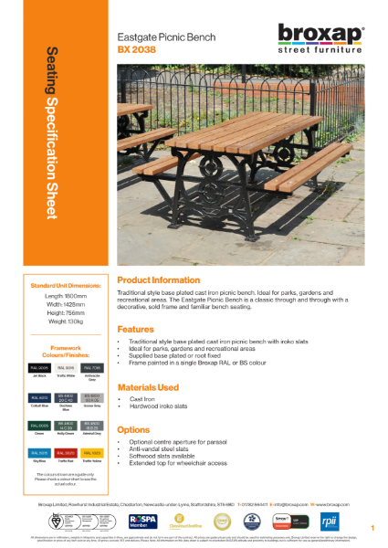 Eastgate Picnic Bench Specification Sheet