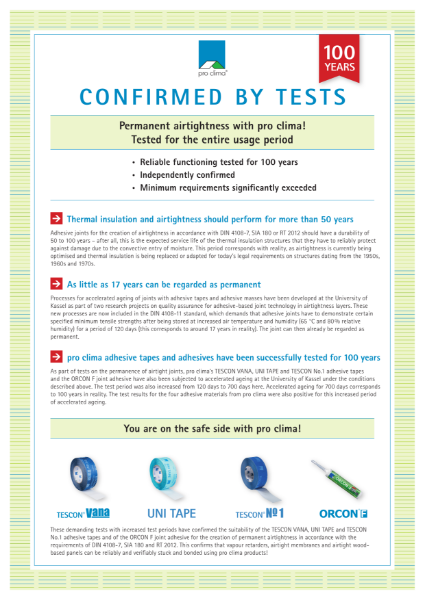 Pro Clima 100 Year Tape Airtightness Certificate Tescon Vana, Tescon No 1, Uni Tape, Orcon F