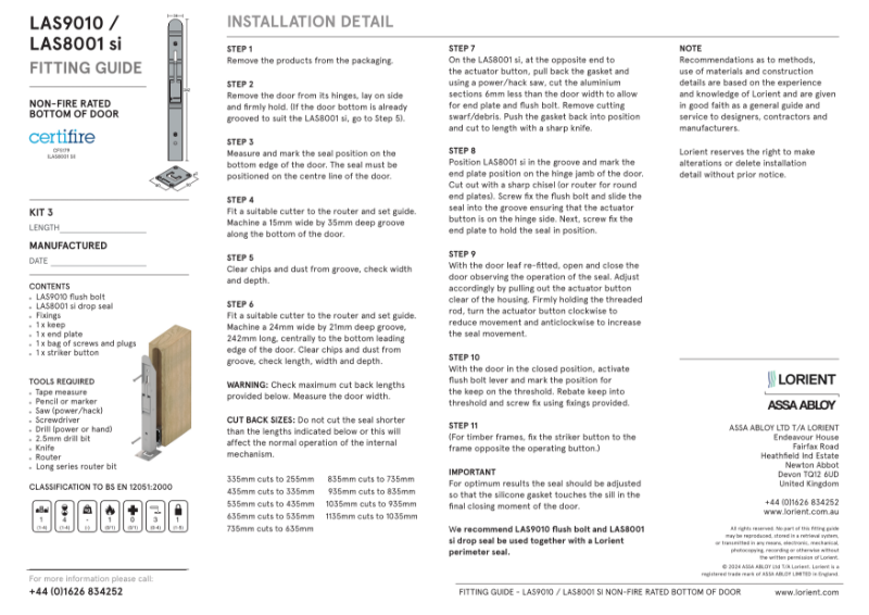 LAS9010 Flush bolt + drop seal kit 3 fitting instruction