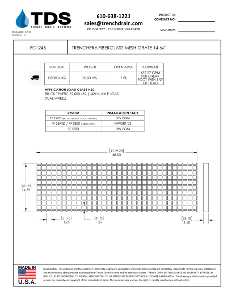 TrenchEra Fiberglass Mesh Grate 14.66" - FG1245