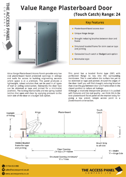 Value Range Plasterboard Door with Touch Catch Data Sheet