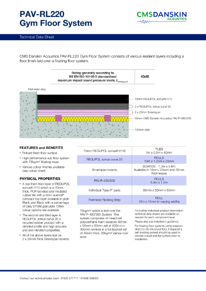 CMS Danskin Acoustics Gym Floor System PAV-RL220 – Product Data Sheet