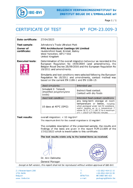 Johnstone's Trade UltraLast Matt Food IBE Food Certificate