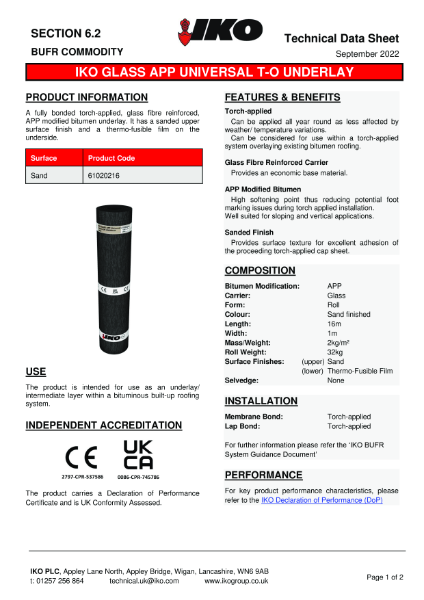 Technical Data Sheet (TDS) - IKO Glass APP Universal Torch-On Underlay